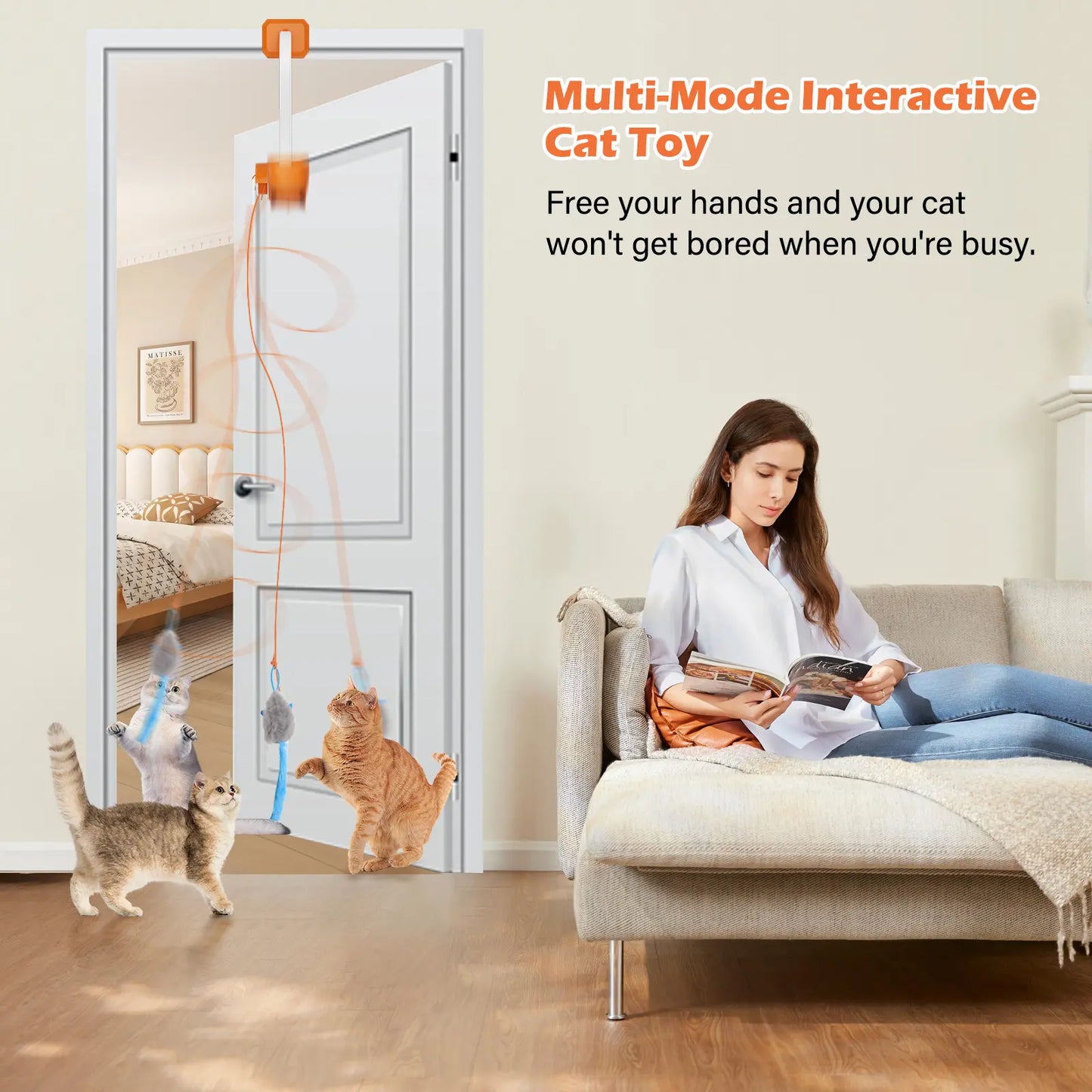 KittyHang™ Hands-Free Cat Entertainer – Smart Teaser Wand with Realistic Random Movement | Rechargeable, Durable Door Clip Design